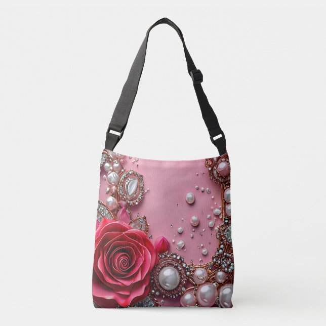 Bolsa Ajustável Pérolas e uma Rosa Vermelha Detalhada (Frente)