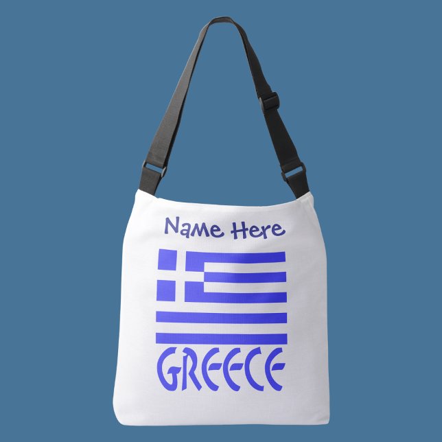 Bolsa Ajustável Personalização Azul Bandeira Grega Grécia  (Personalized crossbody bag with Greek flag and word GREECE below in blue letters. Add name above.)