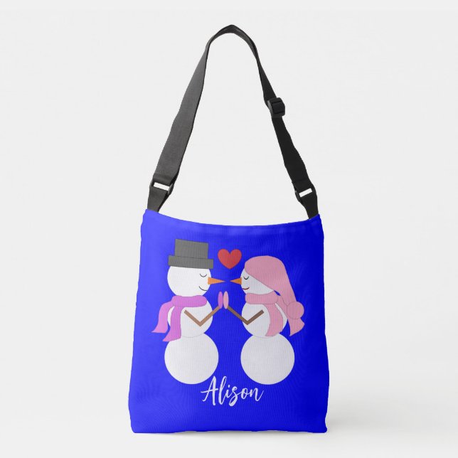 Bolsa Ajustável Pessoas de Neve Doces no Amor: Azul (Frente)
