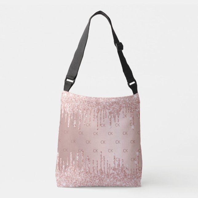 Bolsa Ajustável Pingo de brilho em dourado rosa monograma elegante (Frente)