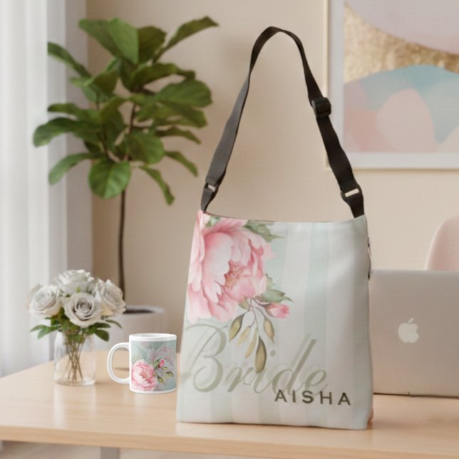 Bolsa Ajustável Pink Peony & Sage Green Floral (In your bride era: This stunning peony crossbody & matching mug are perfect for a stylish, busy day!)