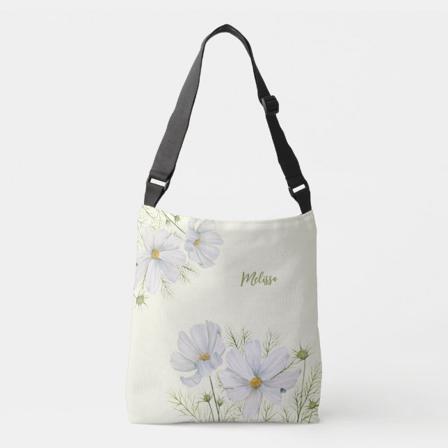 Bolsa Ajustável Pintura Botânica de Flores de Cosmos Brancas em Aq (Frente)