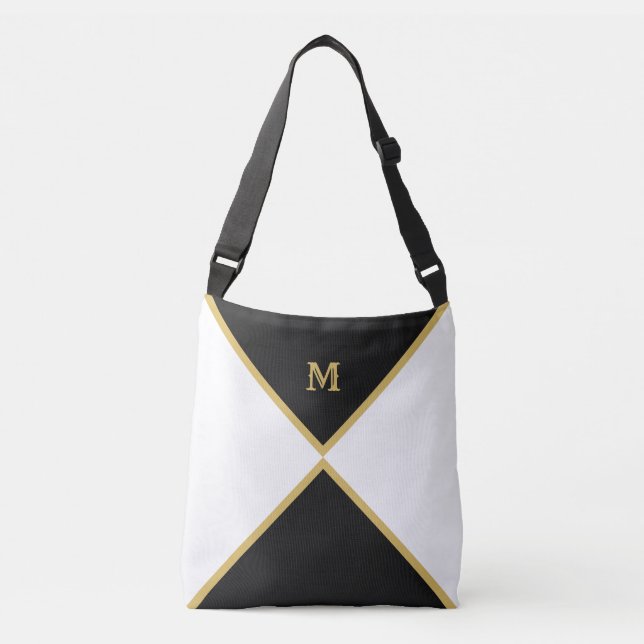 Bolsa Ajustável Preto Elegante, Dourado e Branco (Frente)
