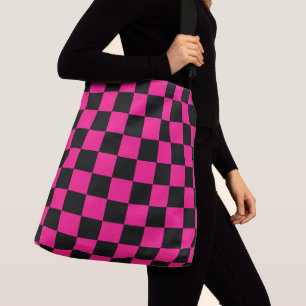 Bolsa Ajustável Quadrados verificados retro geométrico preto-rosa-