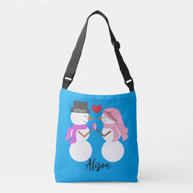 Bolsa Ajustável Queridos Bonecos de Neve Apaixonados: Azul-verde (Frente)