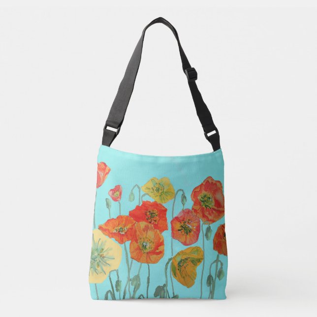 Bolsa Ajustável Red Orange Shabby Poppy Crossbody Bag Aqua Floral (Frente)
