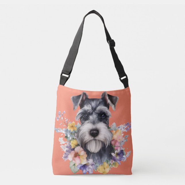 Bolsa Ajustável Retrato Schnauzer Bonito com Flores (Frente)