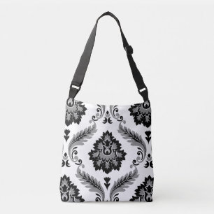 Bolsa Ajustável Rococo Damask Padrão Grande Cinza Preto Branco