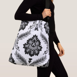 Bolsa Ajustável Rococo Damask Padrão Grande Cinza Preto Branco