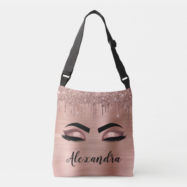 Bolsa Ajustável Rosa Dourado Glitter Sparkle Eyelashes Monograma (Frente)