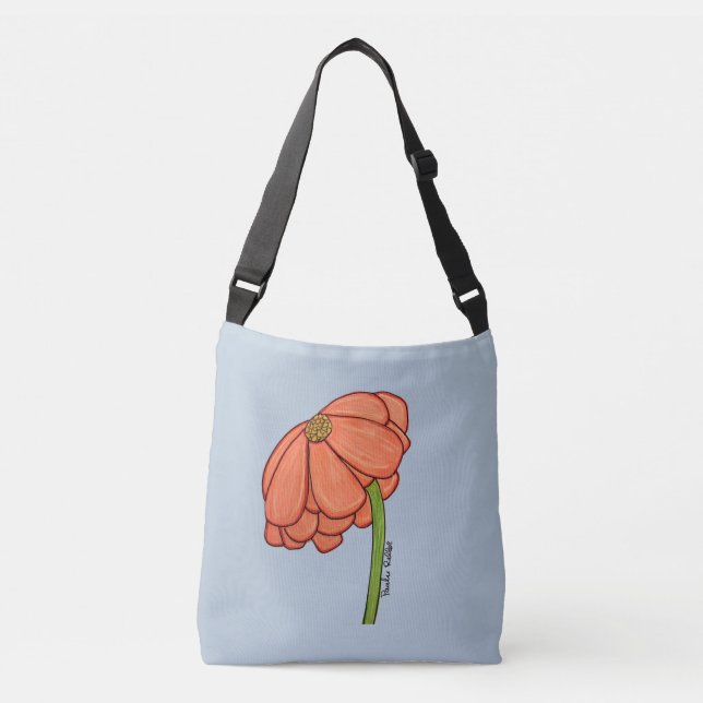 Bolsa Ajustável Saco com Flor Laranja e Fundo Azul (Frente)
