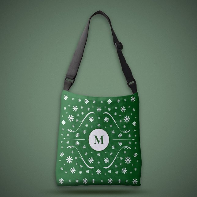 Bolsa Ajustável Saco do Monograma de Energia da Flor Verde Emerald (Emerald Green Flower Power Monogram Tote Bag)