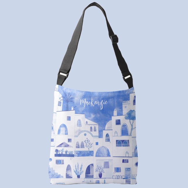 Bolsa Ajustável Santorini - Ilha Grega Personalizada Aquarela (Santorini Greece blue and white personalized watercolor cross body tote bag)