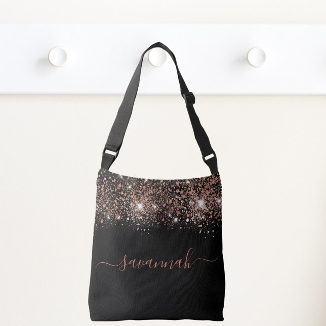 Bolsa Ajustável Script de monograma rosa dourado preto (Criador carregado)