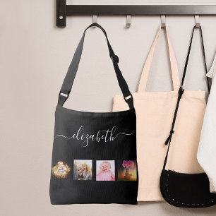 Bolsa Ajustável Script de nome de colagem de fotos brancas pretas