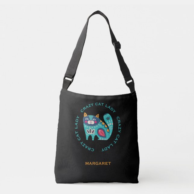 Bolsa Ajustável Senhora de Gato Louca, Ilustração de Gato Estiliza (Frente)