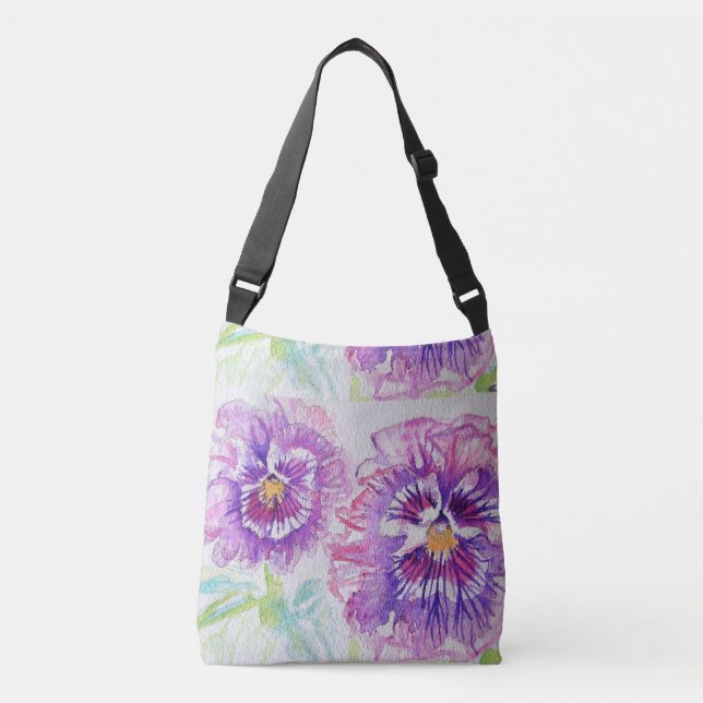 Bolsa Ajustável Shabby Purple Pansy Watercolor Crossbody Arte (Frente)