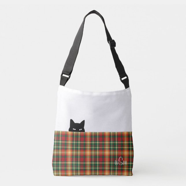 Bolsa Ajustável Sneaky Cat Tartan Orange Green Xadrez Crossbody Ba (Frente)