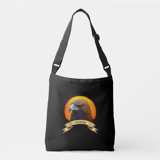 Bolsa Ajustável Sol nascente, águia dourada e faixa com texto de h (Frente)