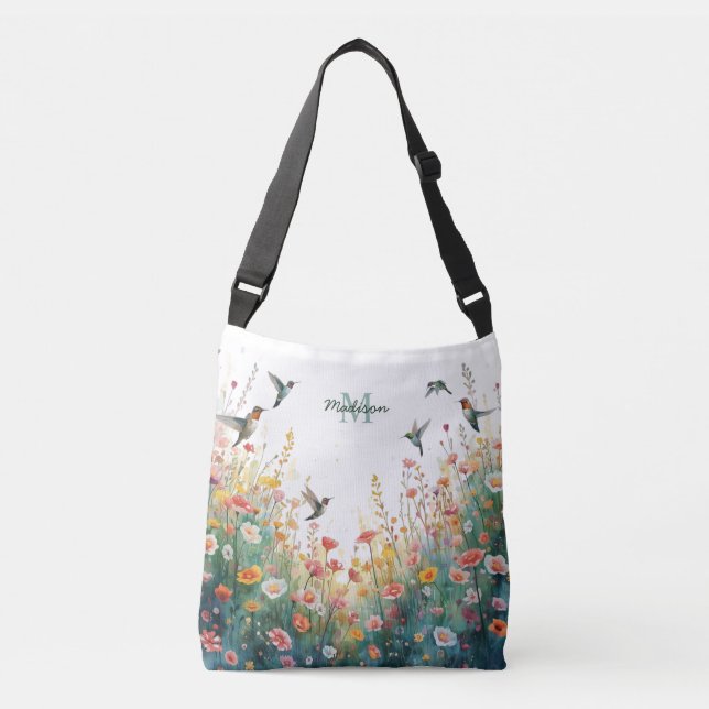 Bolsa Ajustável Spring Watercolor Birds Floral Monogram Wildflower (Frente)