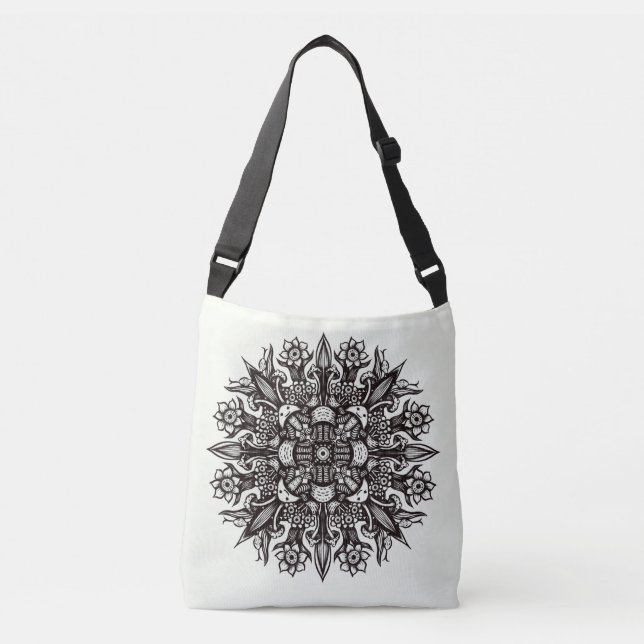 Bolsa Ajustável Tatuagem de cogumelo branco preto mandala (Frente)