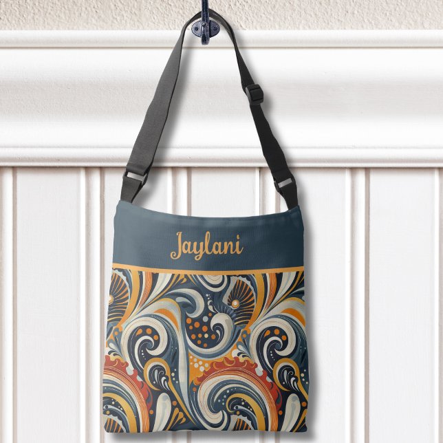 Bolsa Ajustável Trendy Hip Retro Orange Deep Teal Swirls Monogram  (Criador carregado)