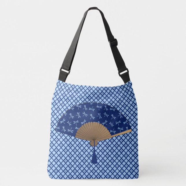 Bolsa Ajustável Ventilador Japonês, Padrão de Dragonfly, Azul Coba (Frente)