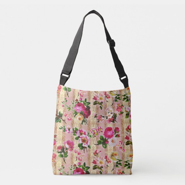 Bolsa Ajustável Vintage Dourado Rosa Rosa Rosa Rosa Damask (Frente)