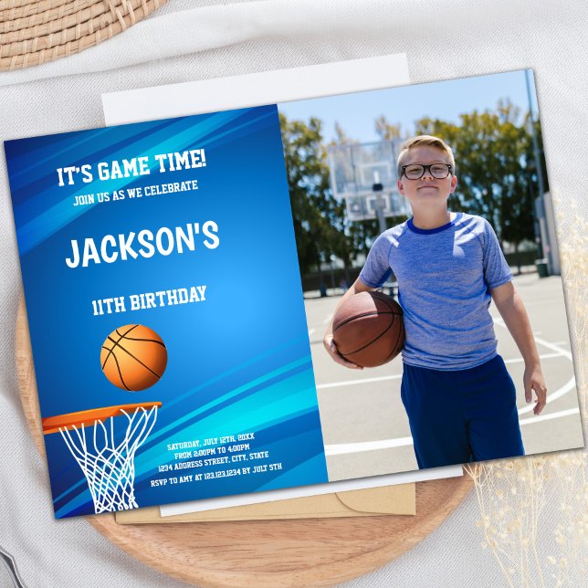 Bolsa Azul no Fundo Convites para Basquete com Fot (Basket Blue back Basketball Invitations with photo)