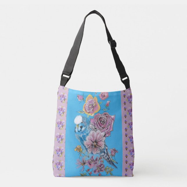 Bolsa de arte feminina em aguarela Blue Budgie (Frente)