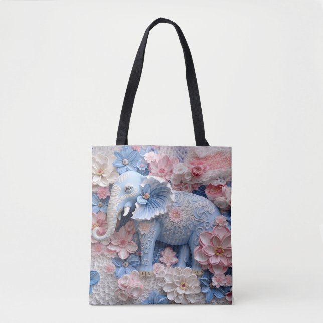 bolsa de canvas Bolsa de Elefante Azul 3D com Flor (Frente)