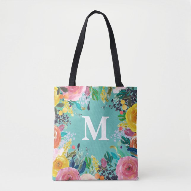 Bolsa de canvas de Monograma Personalizado Floral  (Frente)
