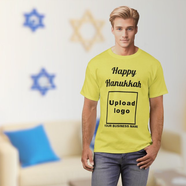 Bolsa de Hanukkah Saudação em Camisa Amarela (Hanukkah greeting, business name and logo on yellow t-shirt)