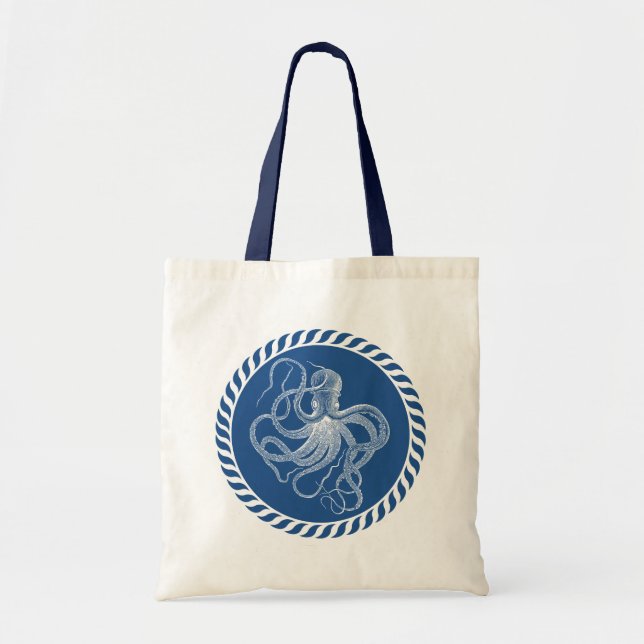 Bolsa De Ilustração De Octopus Branco E Azul marin (Frente)
