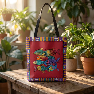 Bolsa de mão colorida de peixes com arte vibrante