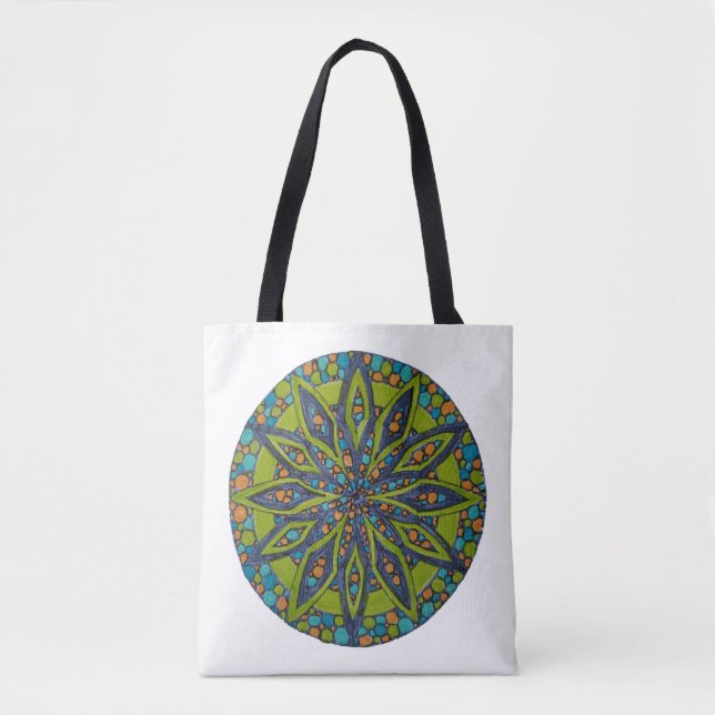 Bolsa de mão com estampa de mandala em verde brilh (Frente)