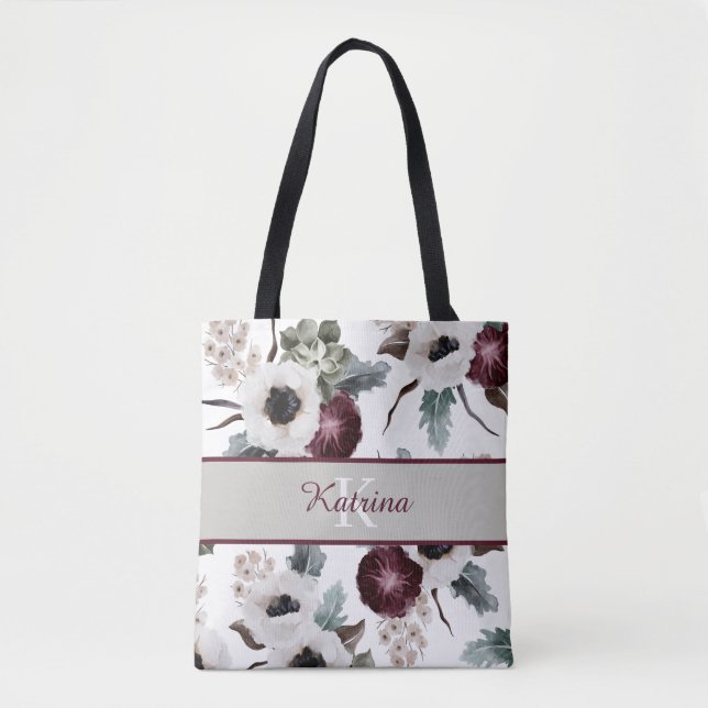 Bolsa de mão com flores em aquarela e monograma (Frente)