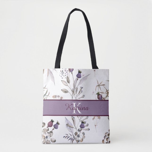 Bolsa de mão com flores em aquarela e monograma (Frente)