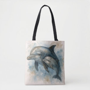 Bolsa de mão com golfinho e filhote em aquarela