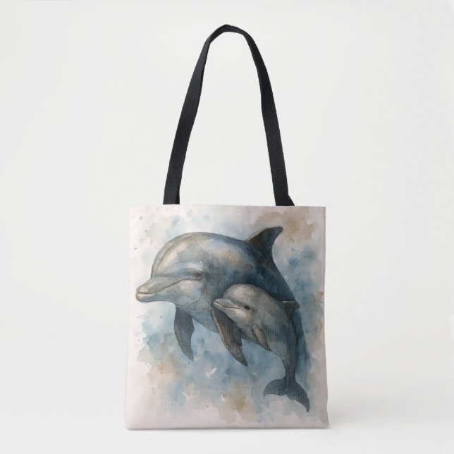 Bolsa de mão com golfinho e filhote em aquarela (Frente)