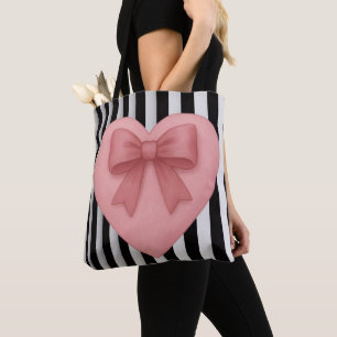 Bolsa de mão com laço rosa coração listras preto e