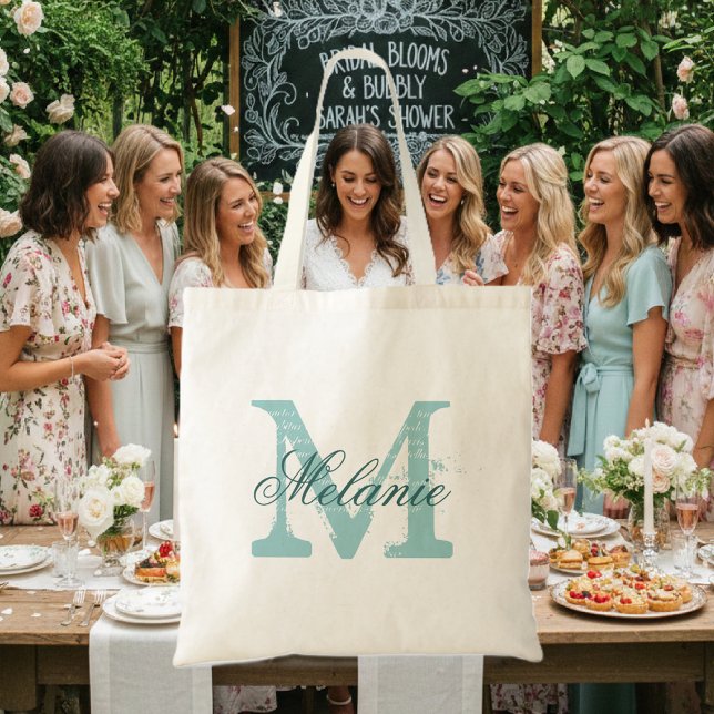 Bolsa de mão com monograma de nome personalizado | (Elegant tote bag with teal blue typography)