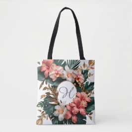 Bolsa de mão com monograma floral tropical elegant