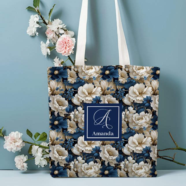 Bolsa de Mão com Nome Personalizado Flores Azul Ma (Opulent Navy Blue Flowers Custom Name Tote Bag)