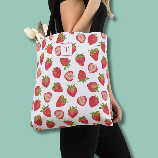 Bolsa de mão com padrão de monograma de morango (Strawberry pattern monogram tote bag)