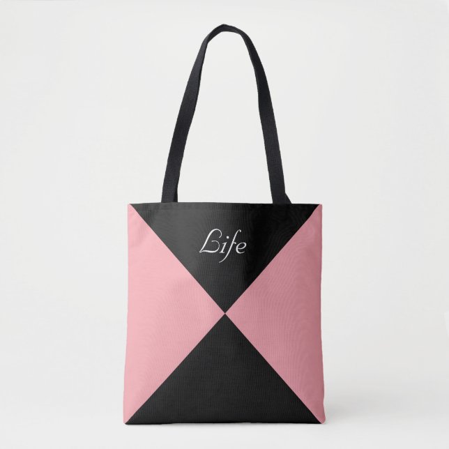 Bolsa de mão de triângulo abstrato preta e rosa co (Frente)
