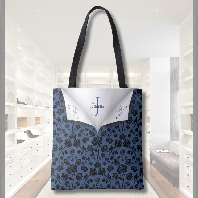 Bolsa de mão estilosa com monograma floral azul (Stylish Blue Floral Monogrammed Tote Bag)