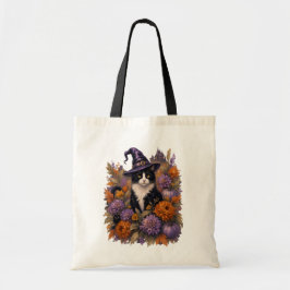 Bolsa de mão floral de Halloween com bruxa de gato
