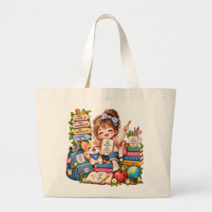 Bolsa de mão grande com estudante adorável lendo