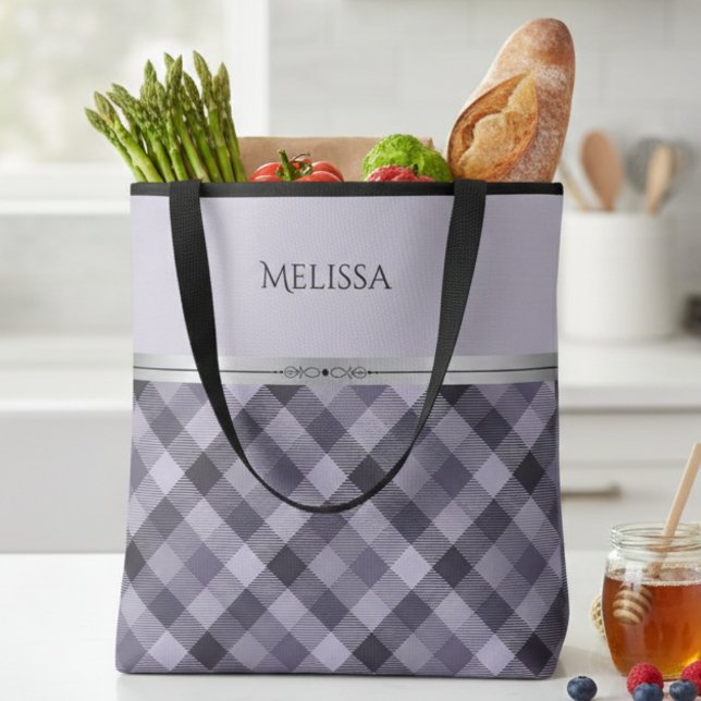 Bolsa de Mão Moderna Xadrez Roxo Estilo Boutique (Elevating the everyday tote bag with a little lavender magic)